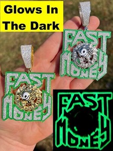 Authentic Real 925 Silver Gold Plated CZ Glows In Dark FAST MONEY Sonic Big HipHop Pendant