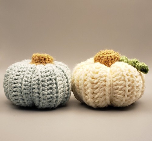 Hand Crochet Pumpkin Thanksgiving Halloween Autumn Decor Cream & Ice Blue - Picture 2 of 6