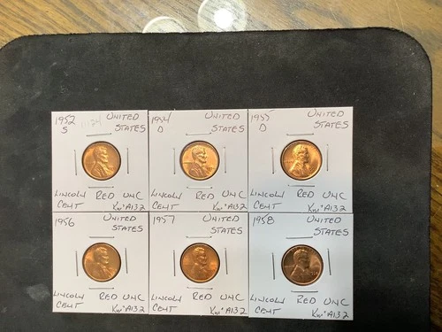 UNITED STATES 1952 S TO  1958 LINCOLN  WHEAT CENTS  Red UNC 6 Coin Lot 11124