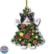 Tuxedo Cat Christmas Ornament - Adorable Kitten Dressed as a Christmas Tree -