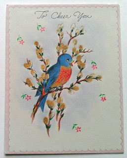 Bluebird in pussy willows glitter vintage Get Well greeting card #C5