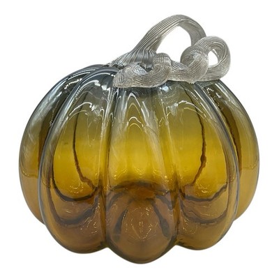 Hand Blown Amber Glass Pumpkin Large 9.5 Inch Clear Glass Ribbon Stem Home Decor