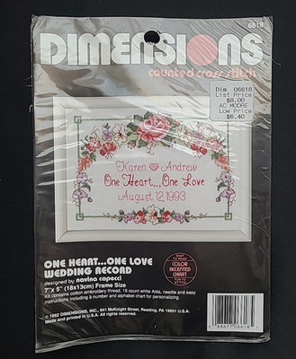 Vintage Dimensions Cross Stitch Kit One Heart One Love Wedding Record #6618 5X7