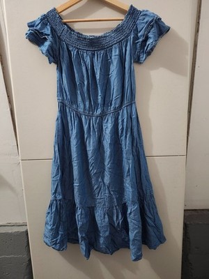 Old Navy Dress Womens M Midi Flare Tier Short Sleeve Off Shoulder Denim  Chambray | eBay