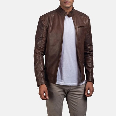 Men s Brown Leather Biker Jacket   Slim Fit Vintage Cafe Racer Leather Jacket