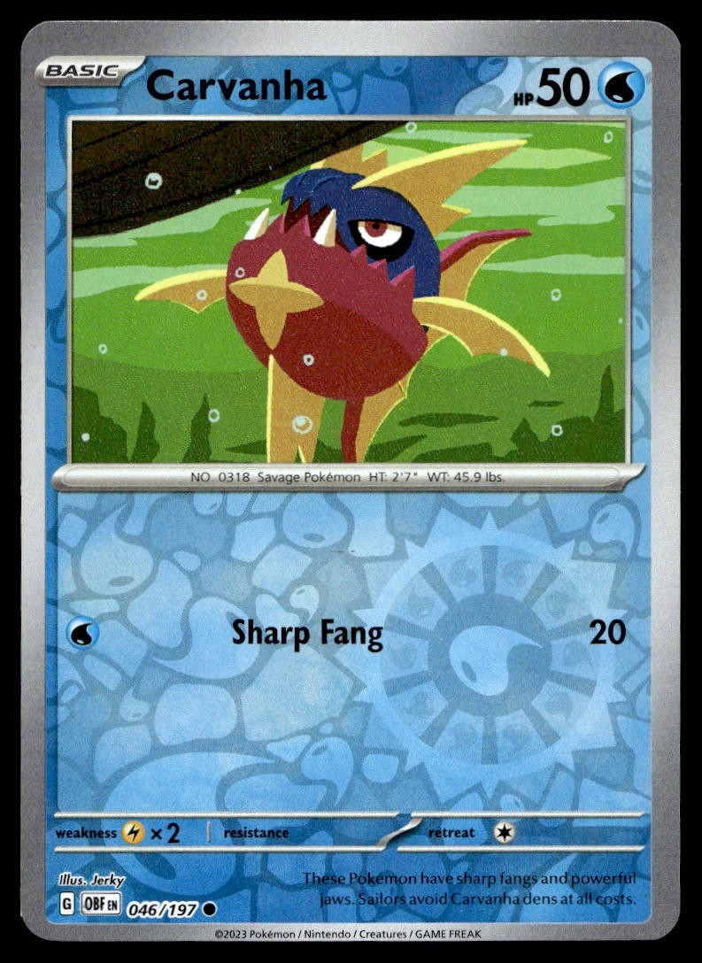 Carvanha 46/197 Pokemon Card Obsidian Flames Common 50 HP Rev Holo Near Mint DI