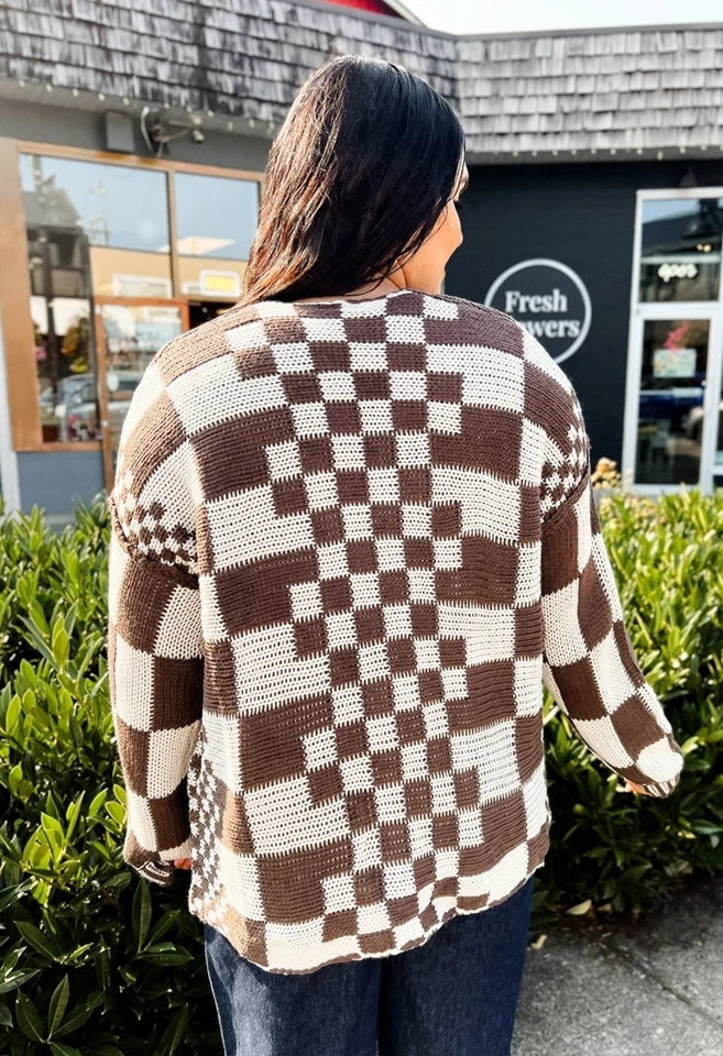 Cárdigan Trending Grande Todo Acogedor Marrón/Crema Cuadros L Foto 2 de 4