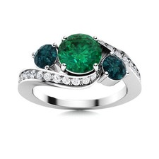 925 Sterling Silver 5MM Round Emerald  London Blue Topaz Three Stone Women Ring