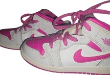 Nike Air Jordan 1 Pink White Leather Mid Top Kids Sneakers Lace Up