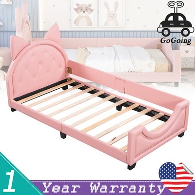 Bed Frame Twin Leather Daybed Pine w/ Carton Cat Ears Headboard for Kids Pink
