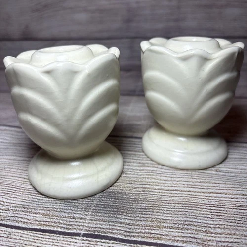 Shawnee Pottery Vtg Scallop Tulip Candlestick Holders Cream White Matte 3.5x3”