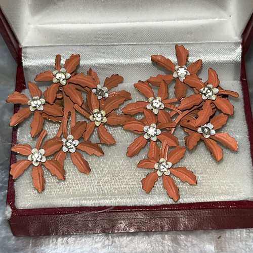 Vintage Floral Ear Climber Earrings Orange Enamel Rhinestone 1 1/2”