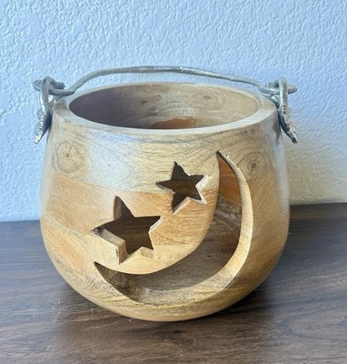 Wooden Moon & Stars Decorative Bowl Basket Silver Leaf Handle Halloween