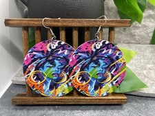 2 Silver-tone Earring Set Boho Retro Round Wood Dangle Juneteenth African A1827