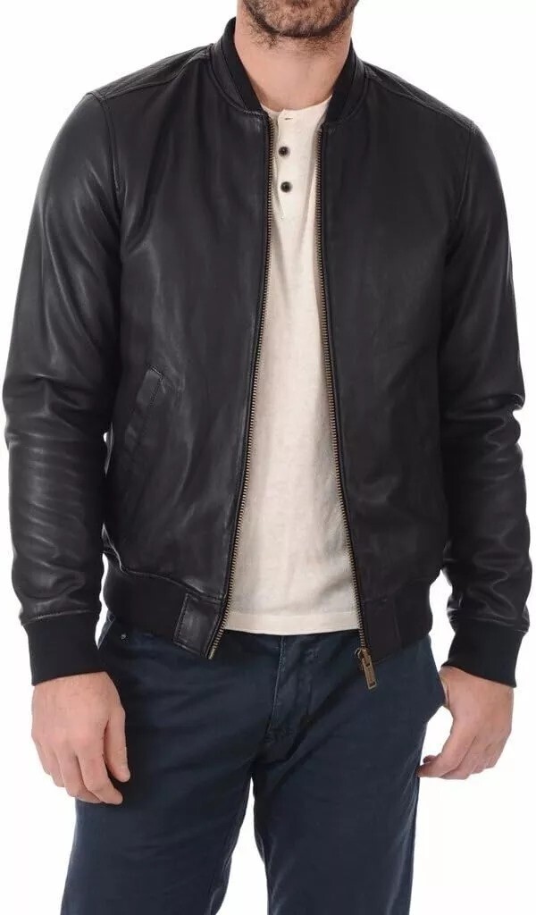 Men's Black Leather Bomber Jacket - Stylish Slim Fit Casual Zip-Up Jacket image 2