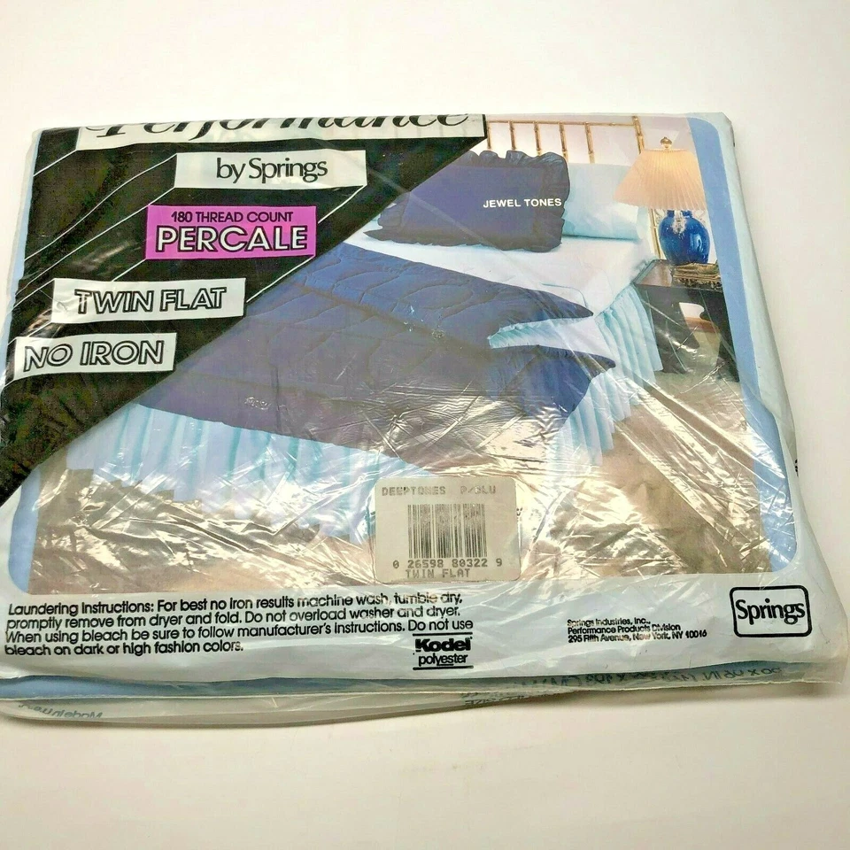 Vintage Percale TWIN Flat Bed Sheet Performance by Springs No Iron 180 Ct Blue - Image 4 of 4