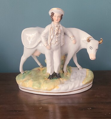  Antiker Staffordshire Herdenjunge mit Kuh 