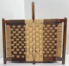 Vintage 70s Woven Fabric Newspaper Magazine Rack Sewing Holder Checkered Handle