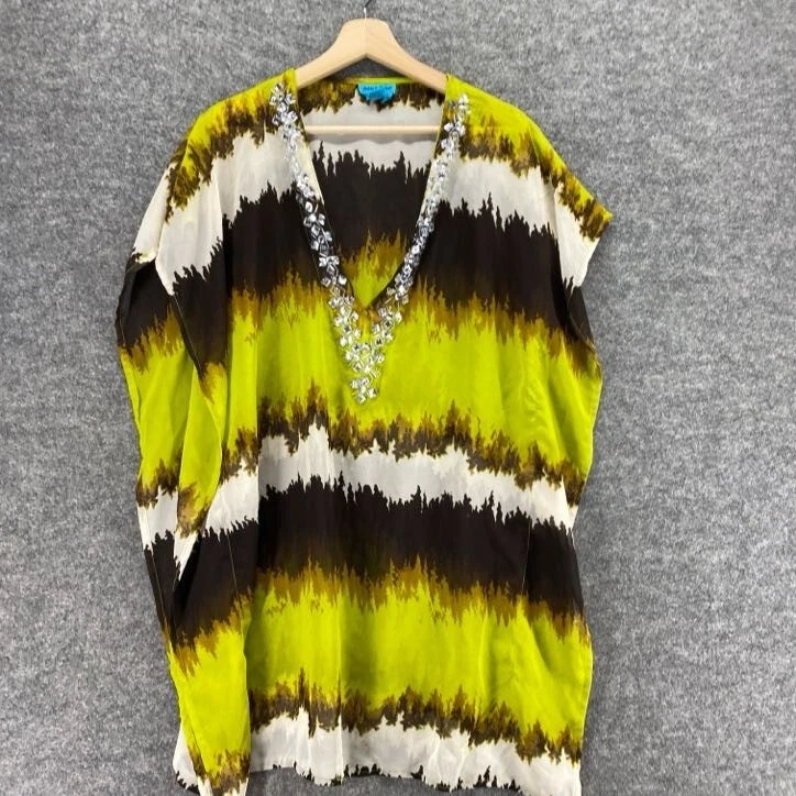 Aqua Blue Blouse Women XL Yellow Striped V-Neck Rhinestone Short Sleeve Casual - Image 4 of 4