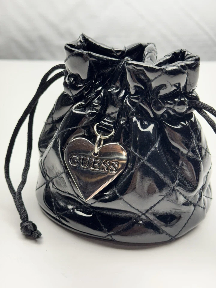 GUESS Black Quilted Patent Leather Mini Drawstring Small Storage Bag SilverHeart - Image 2 of 4