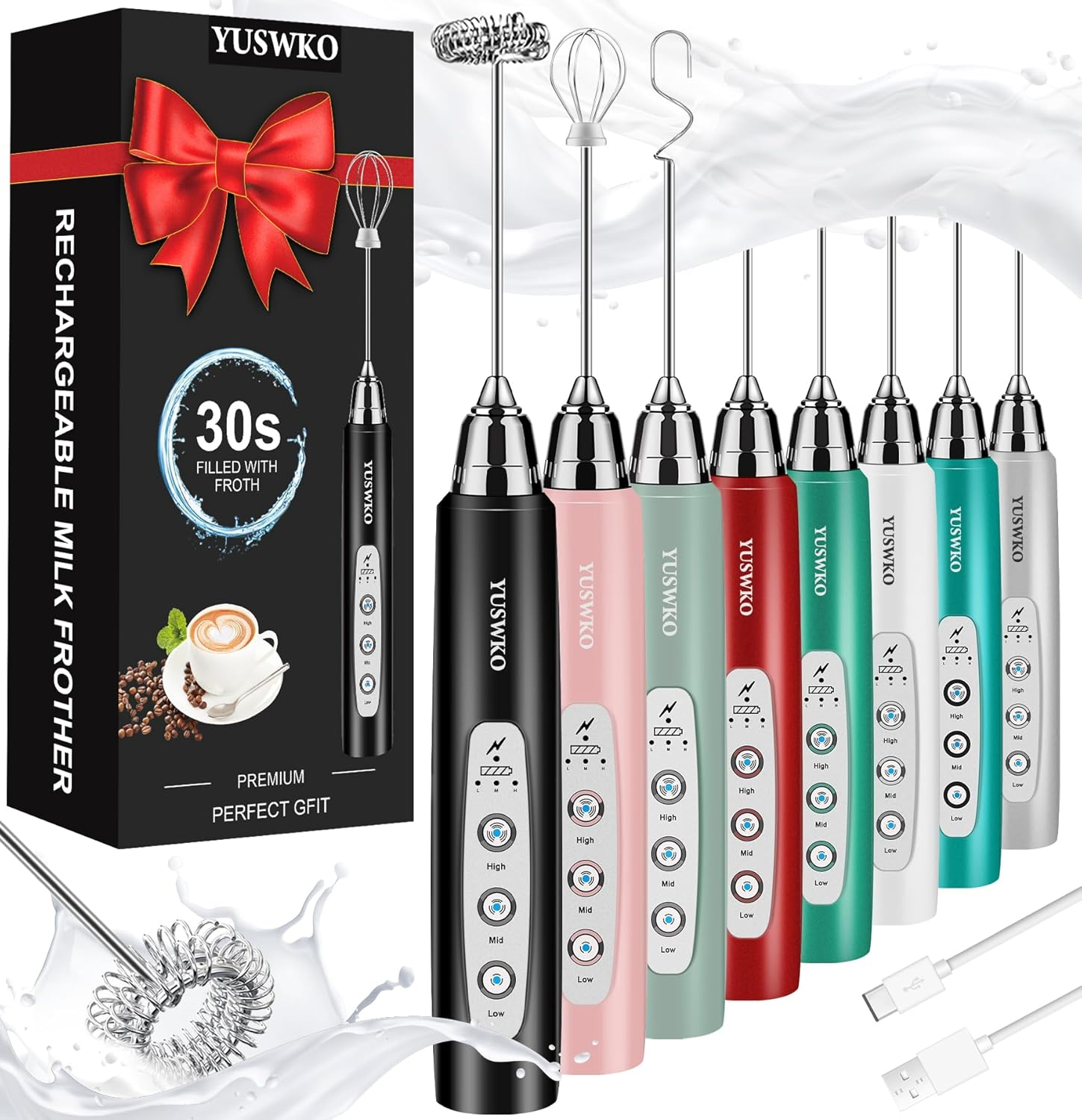 Milk Frother Handheld for Coffee, Rechargeable Drink Mixer with 3 Heads 3 Speeds-image