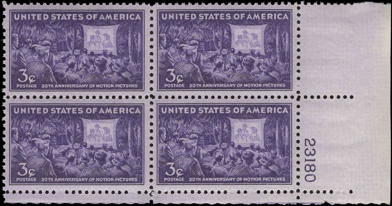 Scott # 926 - Motion Pictures - Plate Block Of 4 - MNH - 1944