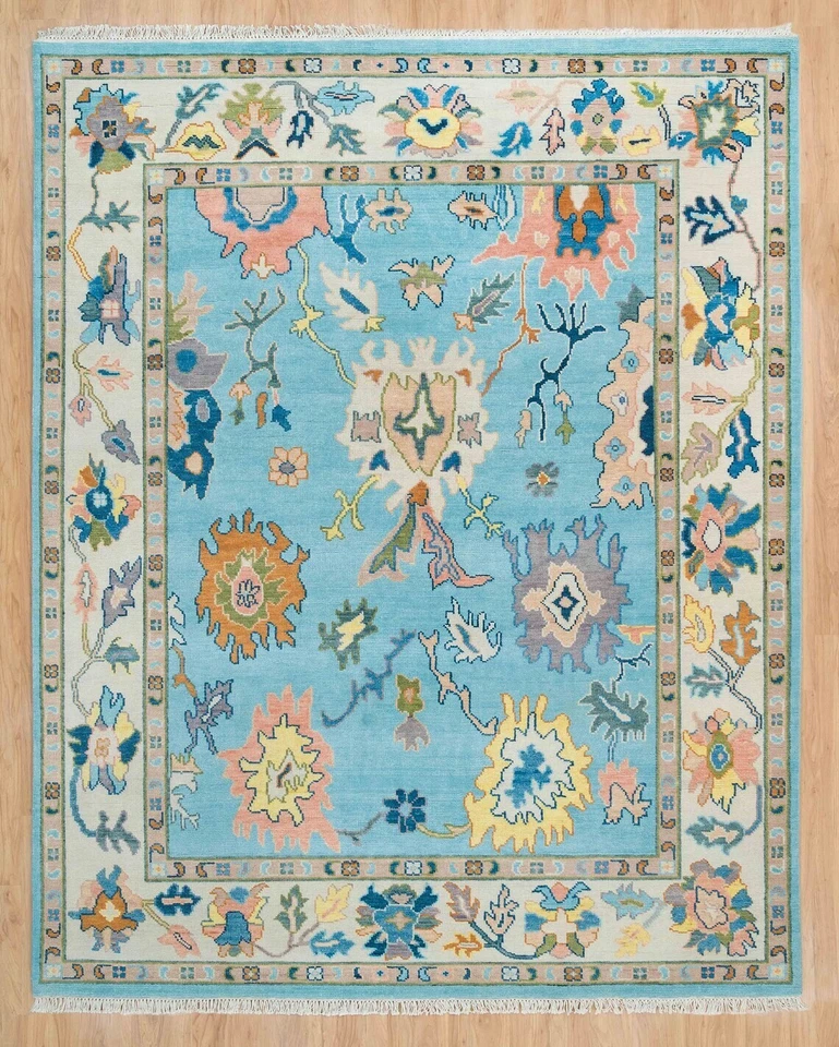 8x10 Handmade Sky Blue Oushak Rug | Orange Accent Turkish rug | Hand knotted - Image 3 of 4