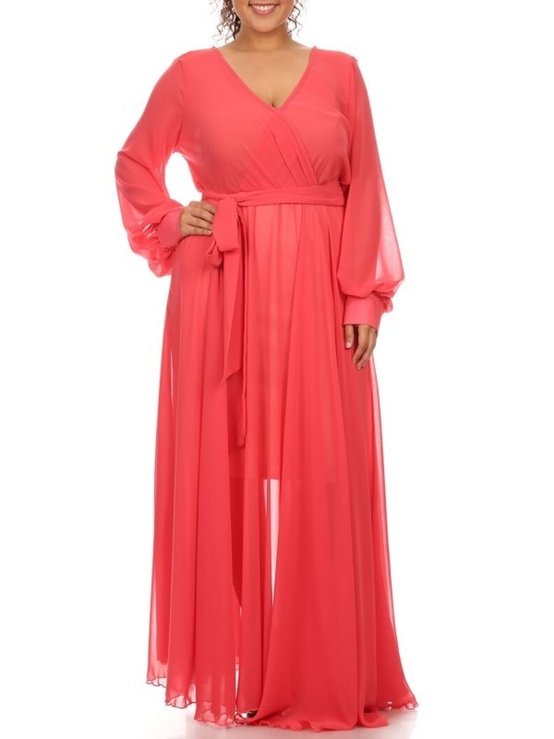 Plus Size Coral Chiffon Faux Wrap Maxi Dress Gown XL 1X