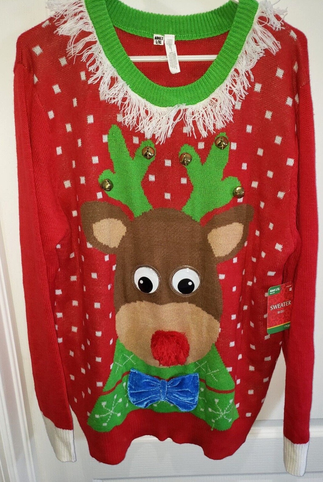 womens NEW NWT CHRISTMAS SWEATER red REINDEER BELLS GOOGLY EYES LARGE ...