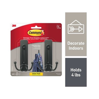 Command Large Double Wall Hooks, Black, Damage Free Decorating, 2 Hooks