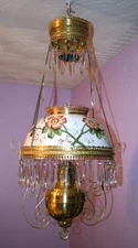 ANTIQUE VICTORIAN B&H BRASS HANGING LIBRARY OIL LAMP 1890's FLORAL SHADE
