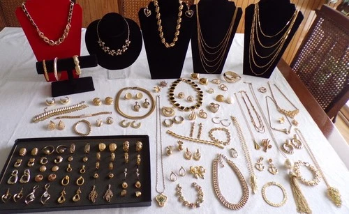 Vintage to Now Gold tone Costume Jewelry Lot Necklace Bracelets Earrings Pins