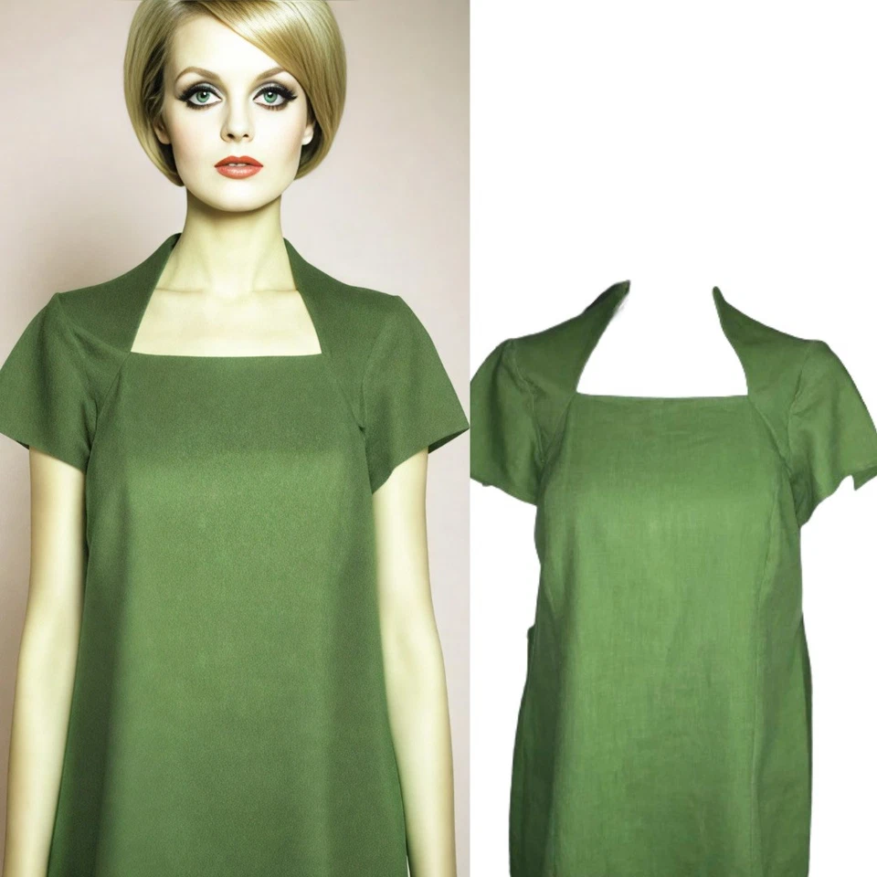 VINTAGE 60s 70s Linen Shift Dress UK 12 14 Apple Green Bespoke Retro Mod 1960s - Image 3 of 4
