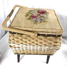 Vintage Penneys sewing basket needlepoint on legs