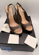 Authentic Chanel CC Logo Slingback Platform Sandals Gray Leather Size 36 w/ Box