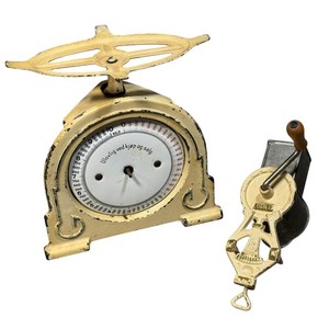 Vintage Swedish Kitchen Scale & No. 8 Hand Crank Grinder Cream Cast Iron Set