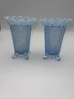 Beautiful Imperial Glass Katy Blue Laced Edge 4 Footed Vase Vintage Set Of 2