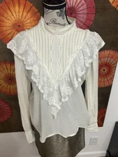 VTG Kitty Fisher Off White Cotton Lace Victorian Style High Neck Blouse Size XL