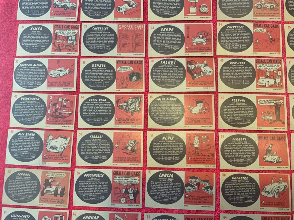 66 Vintage 1961 Topps Sports Car Full Set Trading Card Unmarked