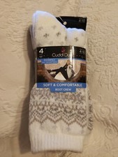 Cuddl Duds Boot Crew Socks 4 Pair Plushfill Ivory Fairisle Shoe size 4-10. New.