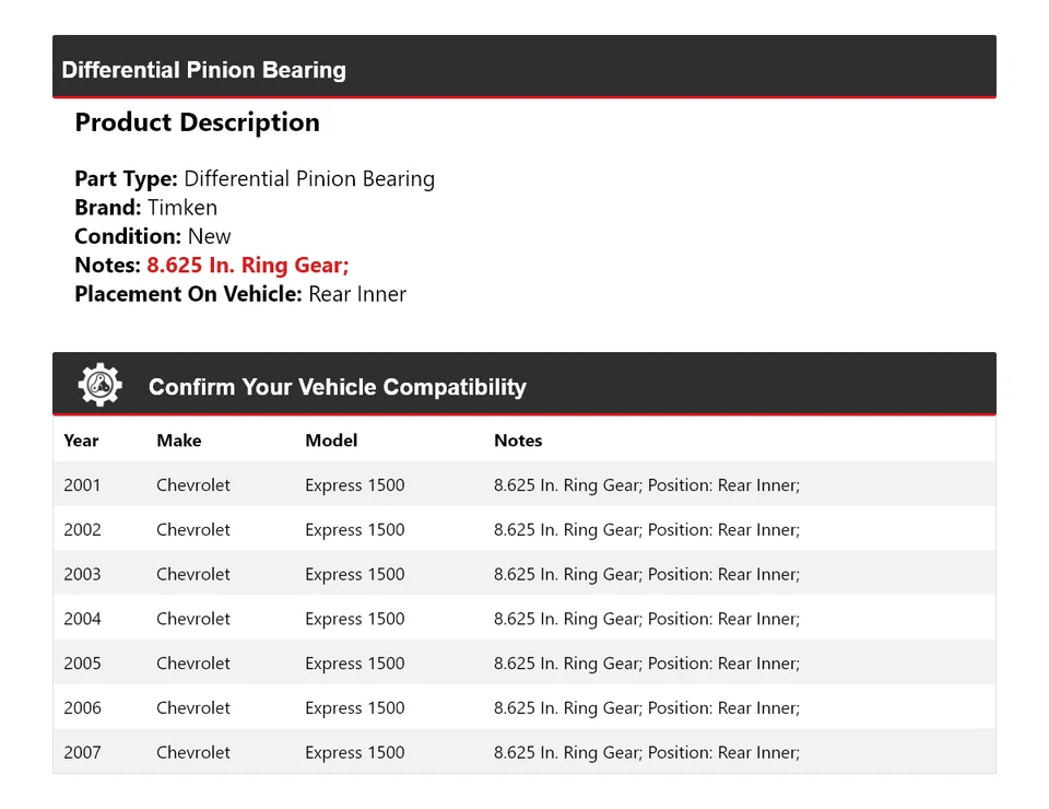 Cojinete de piñón diferencial trasero Timken para Chevrolet Express 1500 2001-07 Foto 2 de 4
