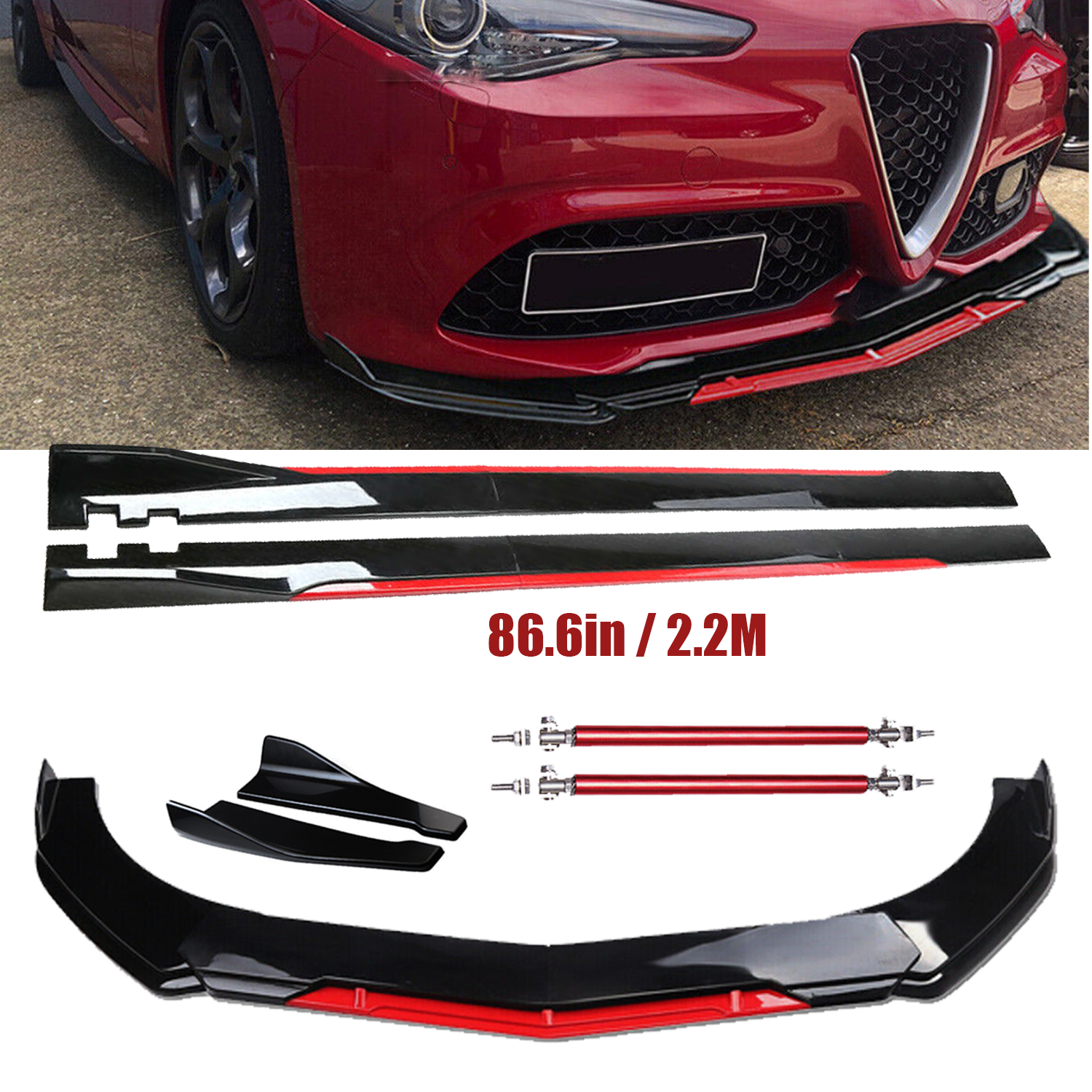 Front Bumper Lip Splitter Spoiler Gloss Black Red For Alfa Romeo Giulia Body Kit