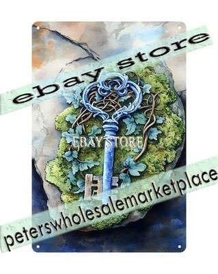Metal Sign Blue Key on Stone Enchantment Scene moss covered fairy object