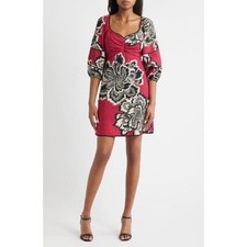 Vince Camuto Red Floral Print Puff Sleeve Sweetheart Neckline Mini Dress Size 10