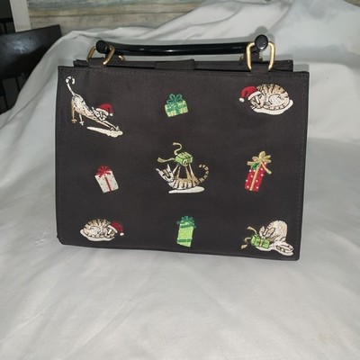 Kim Rogers Embroidered Catgifts Christmas Novelty Black Handbag Purse MSRP $40