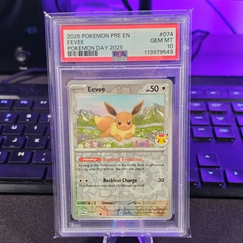 Eevee Prismatic Evolutions 074/131 Holo Pokemon Day 2025 Stamped Promo PSA 10