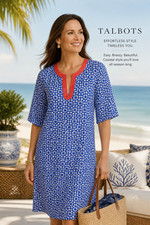 Talbots New Blue White Beaded V-Neck Silk Blend Cover Up half sleeve Dress M