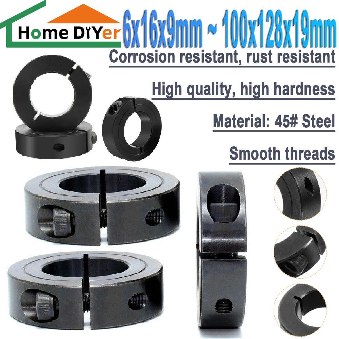 6-100mm Bore Single Split Shaft Stop Collar Black Oxide Finish Thick 9mm-23mm