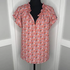 Max Studio Floral Ruffle Blouse | Size XS Red Boho Top with Short Sleeves