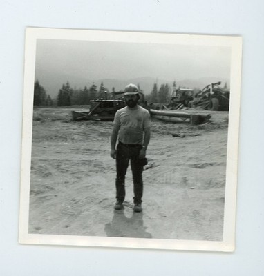 Blue collar guys in work boots hard hat on job site - Vintage snapshot photo
